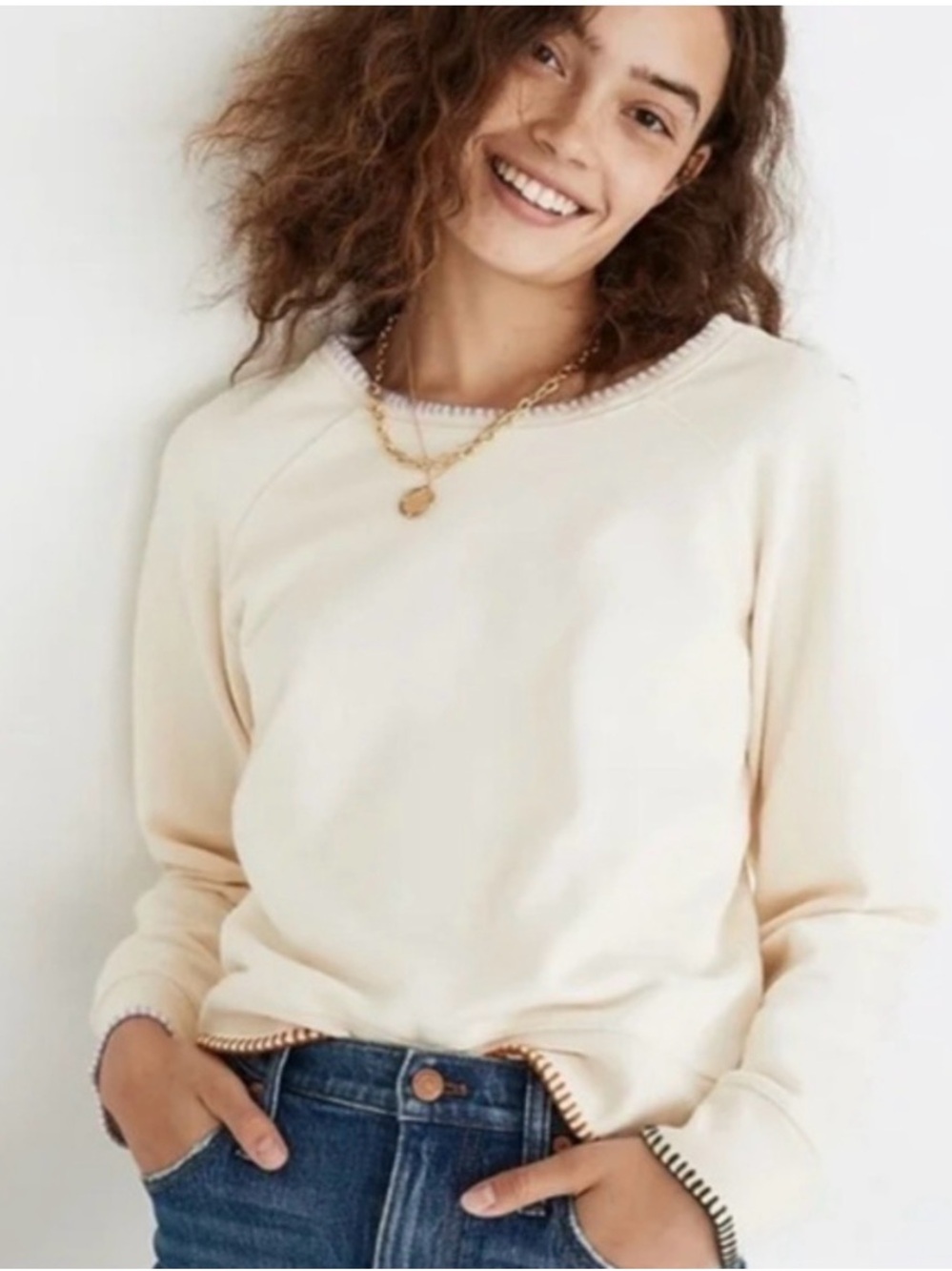Madewell Cream Crewneck Sweatshirt with Contrast Trim
